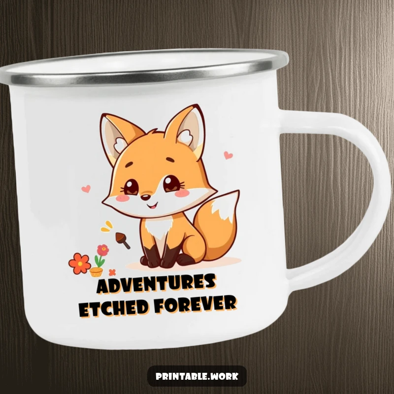 Funny Kawaii Fox Scrapbooking Camping Mug showing a happy fox with craft supplies, ready for adventure, a durable and funny gift.