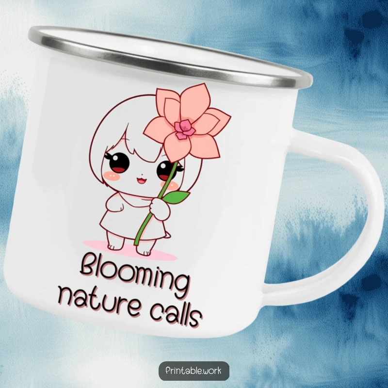 Cute Kawaii camping mug showing a proud character proudly presenting a handcrafted paper flower, ready for creative adventures outdoors.
