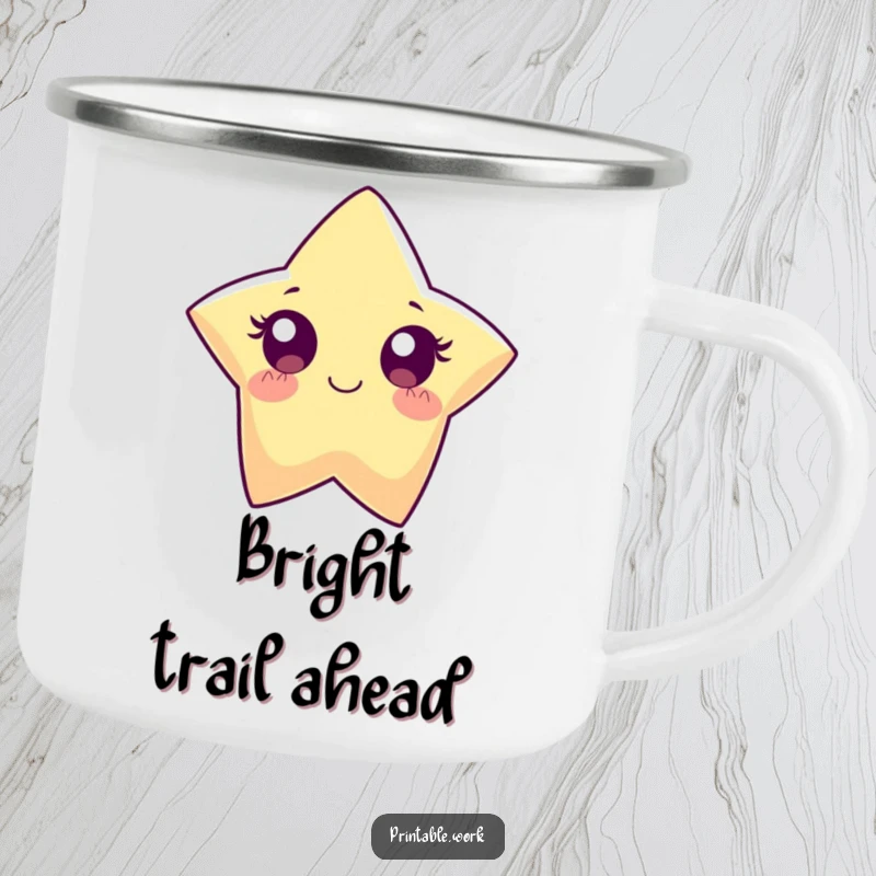 Funny Paper Star Camping Mug: A wide-eyed paper star character sparkles brightly, adding fun to outdoor drinks.