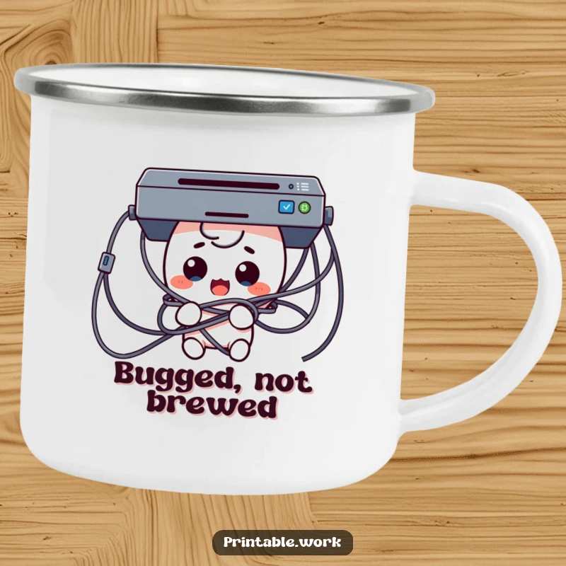 Funny Tech Trouble Camping Mug showing a surprised Kawaii character tangled in printer cables, durable and humorous for outdoor tech battles.