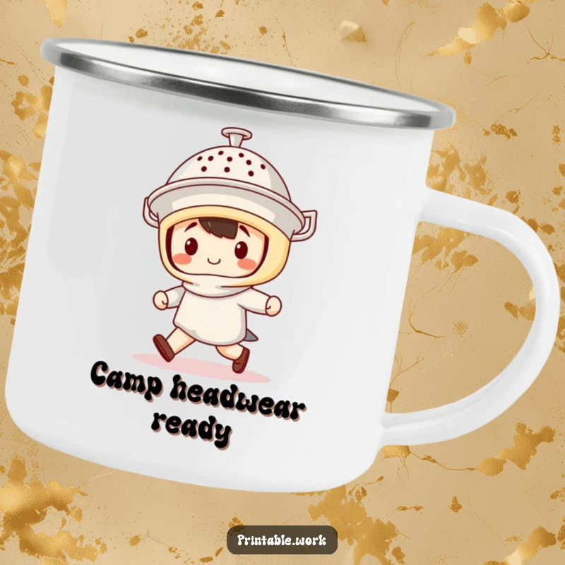Funny Camping Mug: Durable mug with a kawaii character marching proudly with a colander helmet, perfect for outdoor enthusiasts.