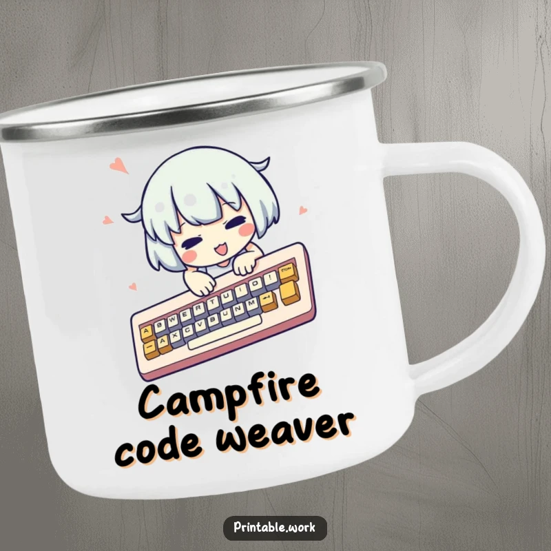 Funny kawaii character camping mug, frantically typing on a comically oversized keyboard, cute, mobile office, humorous, outdoor gift.
