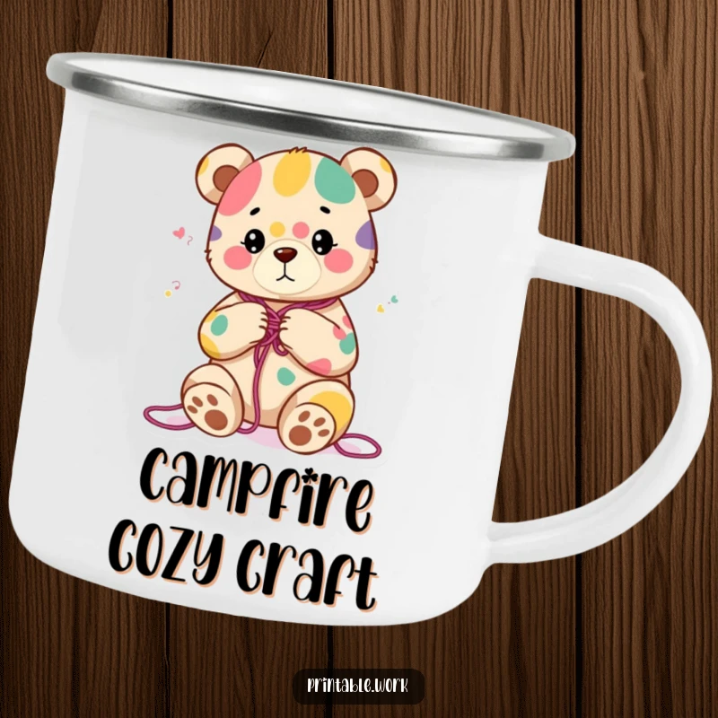 Funny camping mug with a content bear character knitting a colorful abstract pattern, perfect for outdoor beverages and cozy moments.