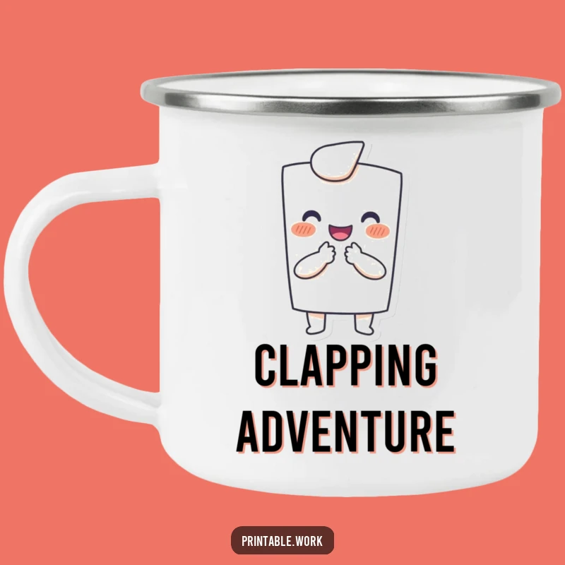 Funny Paper Camping Mug: Happy clapping character, rugged and hilarious for cheerful adventurers.