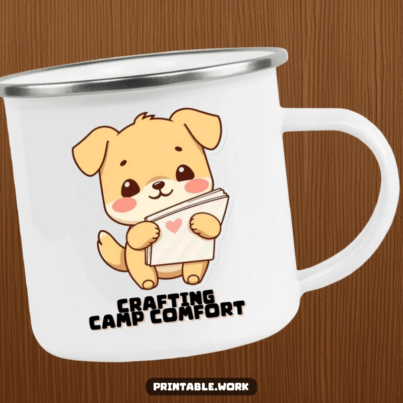 Funny Kawaii dog character holding patterned paper on a sturdy camping mug, designed for outdoor enjoyment and crafting.