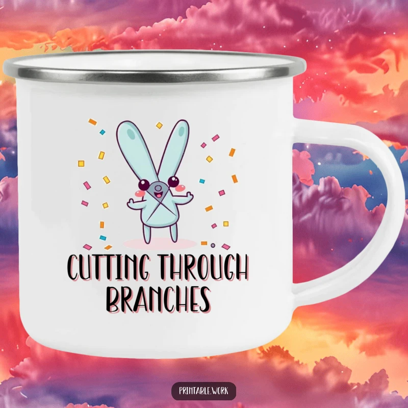 Funny playful scissors character camping mug, happily snipping confetti, ideal for festive outdoor enthusiasts.