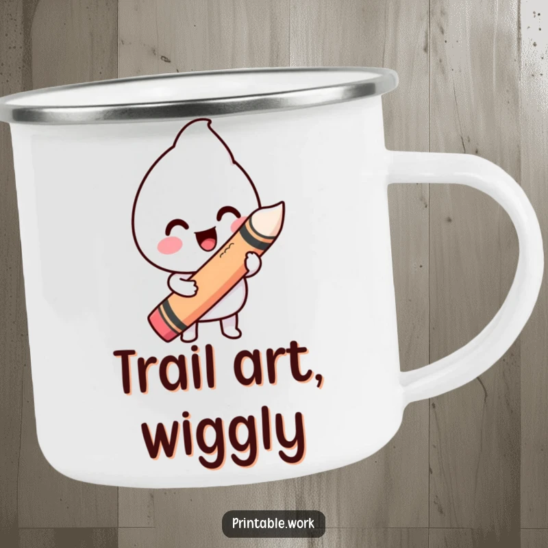 Funny camping mug showing a happy Kawaii character drawing with a large crayon, perfect for outdoor art and humor.