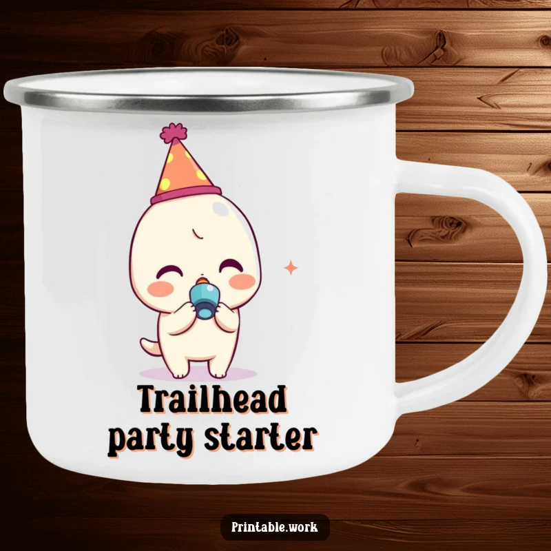 Funny Kawaii character in a party hat blowing a noisemaker on a tough camping mug, designed for outdoor celebrations and fun.