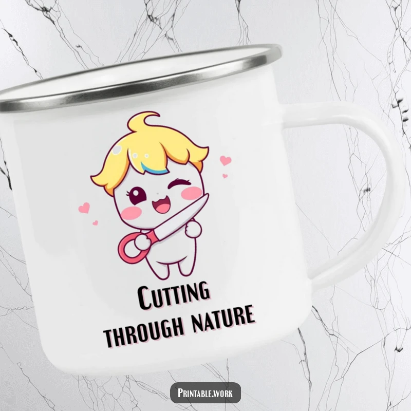 Funny Kawaii character winking playfully while holding scissors on a durable camping mug, perfect for adventurous enjoyment with a sharp edge.