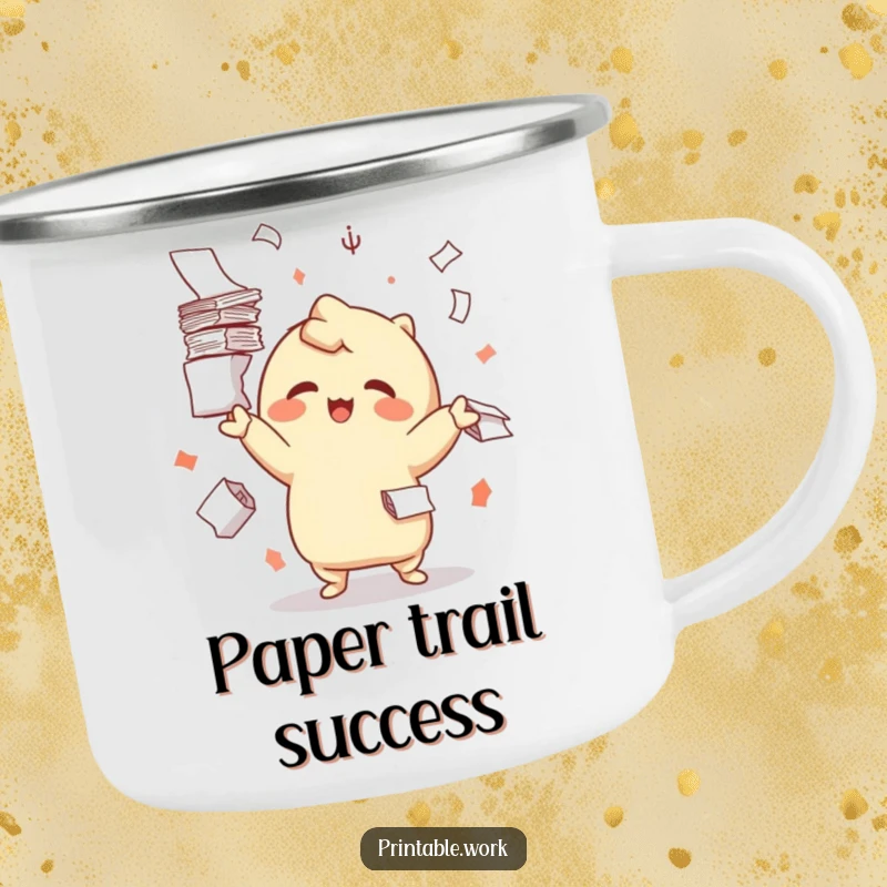 Funny camping mug showing a cheerful Kawaii character juggling paper, perfect for outdoor work and humor.