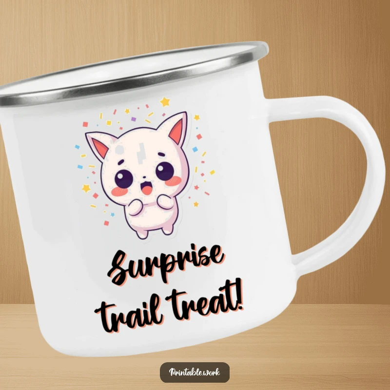 Funny camping mug showing a surprised Kawaii character and confetti, perfect for outdoor fun and humor.