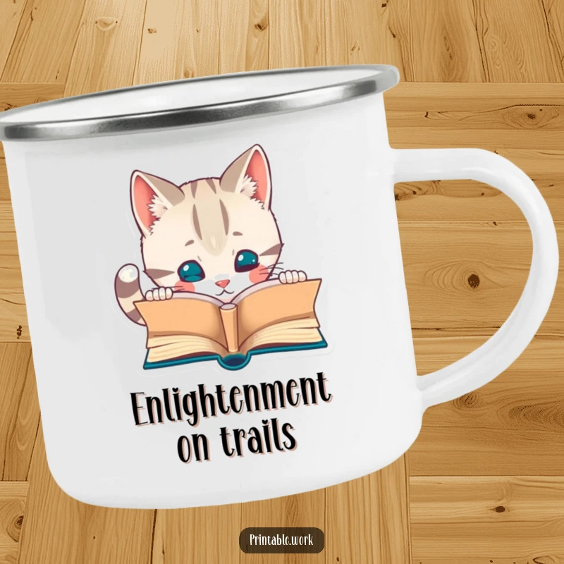 Funny camping mug with a curious cat character reading a tiny book. Perfect for outdoor enthusiasts and book lovers.