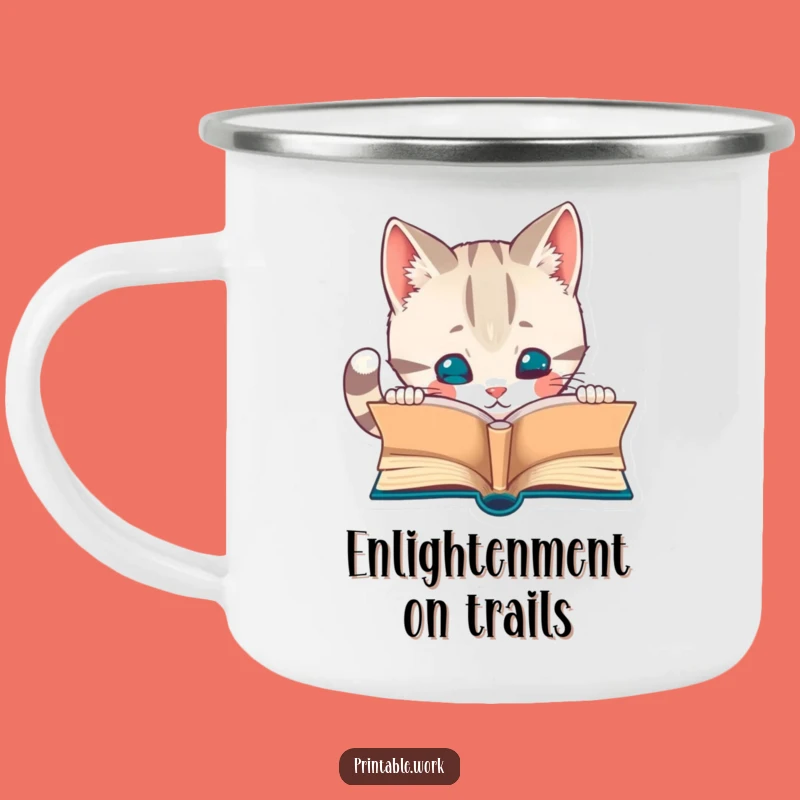 Funny Curious Cat Camping Mug: Outdoor Reading Adventure, Perfect Gift