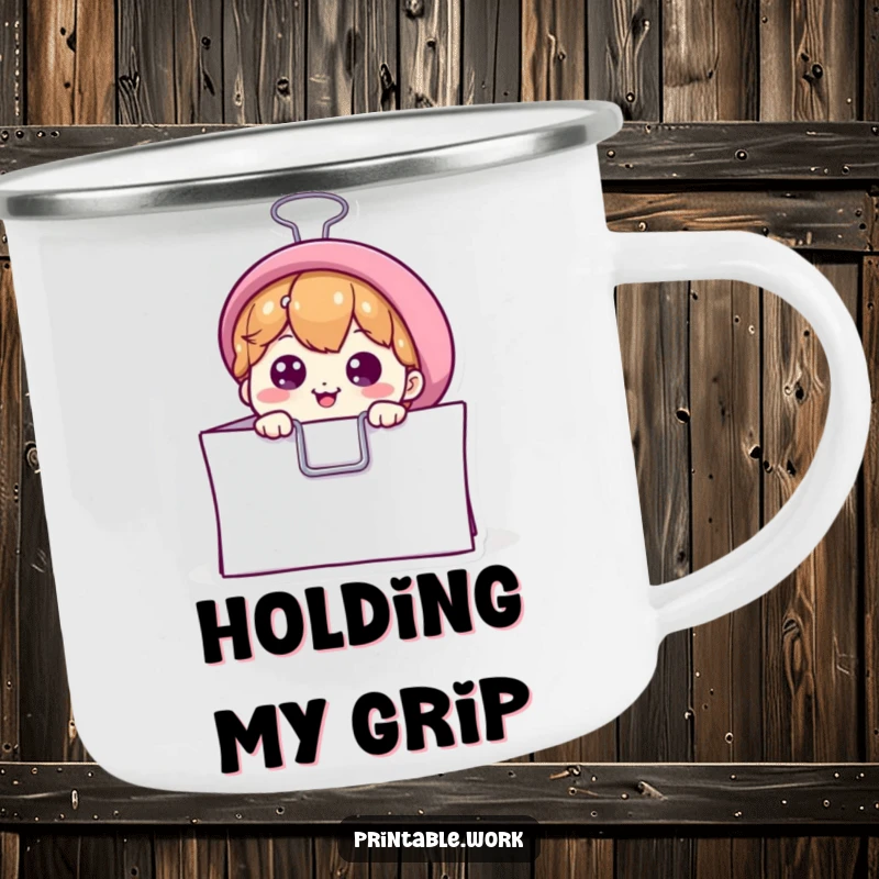 Funny camping mug featuring a curious binder clip peeking from paper, bringing office humor to the great outdoors, a great funny gift.