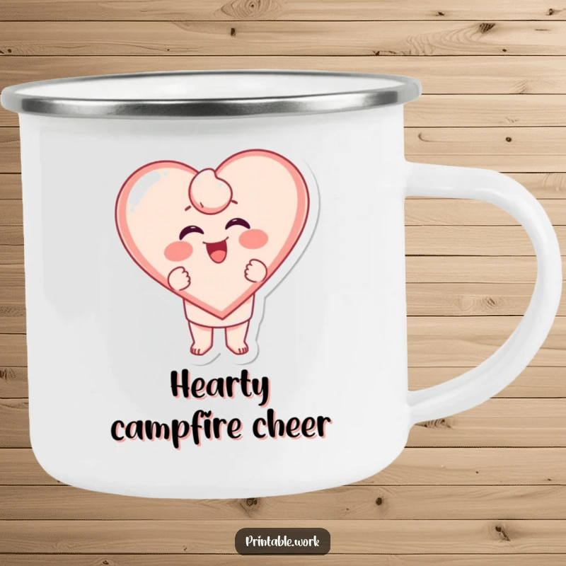 Funny Heart Camping Mug: A character excitedly stamping a giggling heart shape, built for love and adventure.