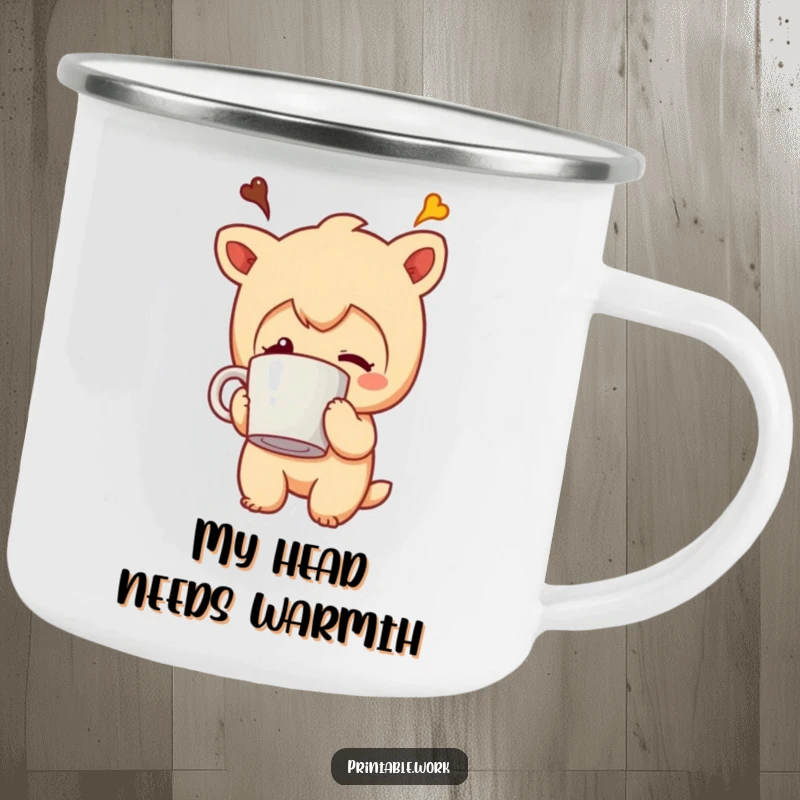 Funny camping mug depicting a character with a coffee mug humorously stuck on its head, perfect for outdoor enthusiasts.