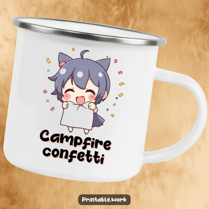 Funny Camping Mug: Character tears paper releasing confetti, a joyful and festive addition to outdoor adventures.
