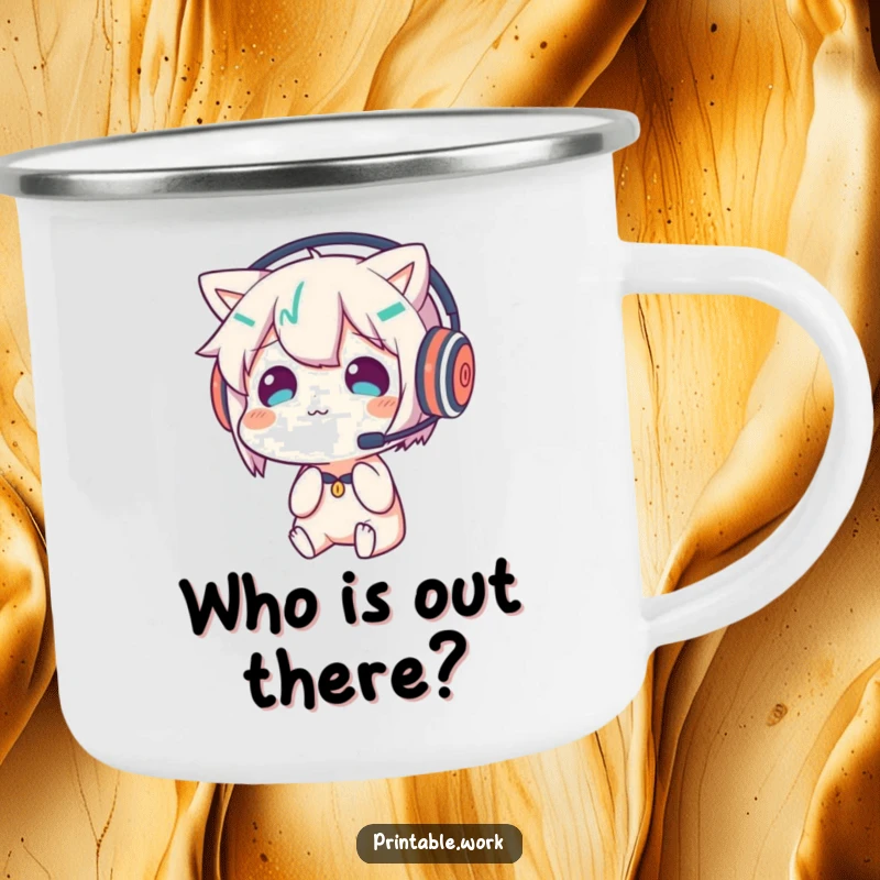 Funny camping mug showing a character wearing a headset and looking confused at its reflection, great for outdoor contemplation.