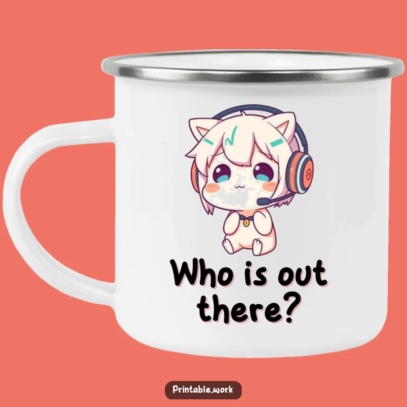 Funny Confused Headset Character Camping Mug - Outdoor Existential Fun