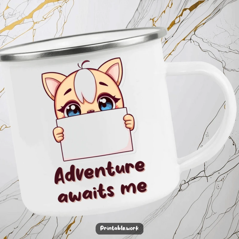 Funny camping mug showing a curious character with wide, excited eyes looking at a blank page, perfect for outdoor inspiration.