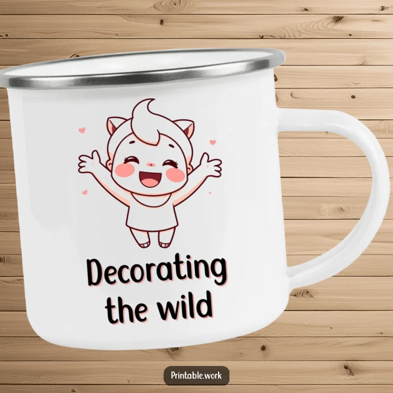 Funny camping mug featuring a cute, smiling character happily decorating a printable with creative flair outdoors.
