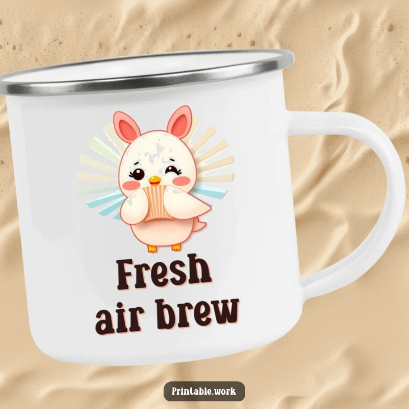 Funny camping mug showing a rosy-cheeked paper fan character fluttering playfully, ideal for enjoying drinks during cheerful outdoor activities.