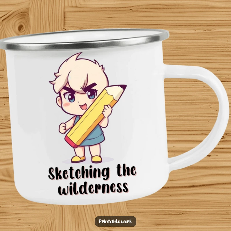 Funny enamel camping mug with a character holding a giant pencil, perfect for creative outdoor moments.