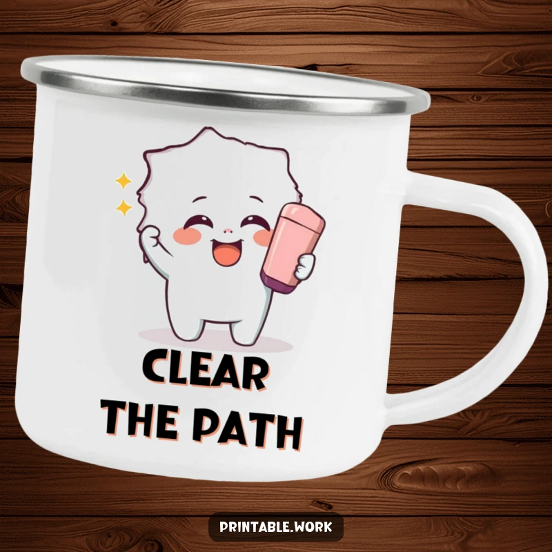 Funny camping mug showing a giggling character using a giant eraser to reveal a hidden image, perfect for playful outdoor moments.