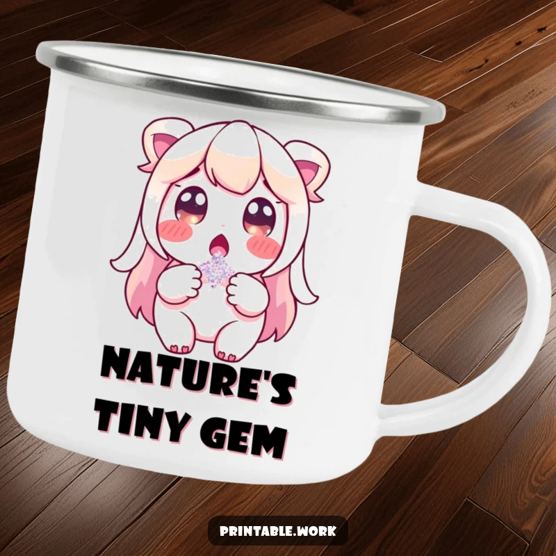 Funny camping mug with a surprised character holding a single glitter flake, perfect for outdoor beverages and moments of wonder.