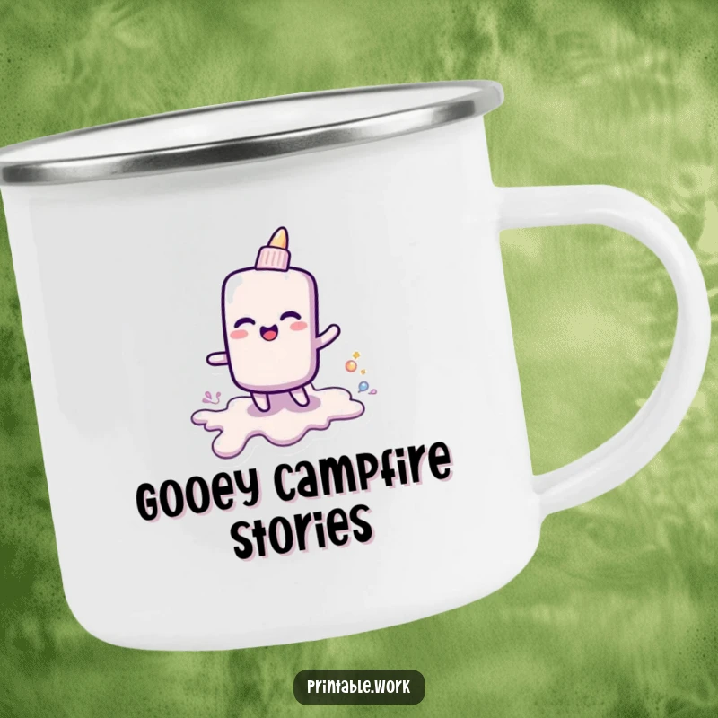 Funny camping mug with a cheerful glue stick trailing shiny goo, ideal for outdoor enthusiasts who enjoy creative humor.
