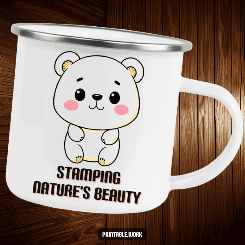 Funny Kawaii bear character stamping designs on a rugged camping mug, ideal for outdoor creativity and enjoyment.