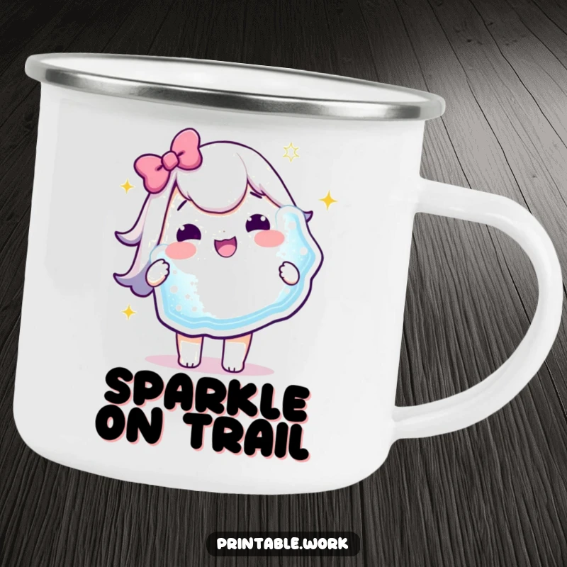 Funny Camping Mug: A delighted Kawaii character holds a large, shimmering sticker, perfect for outdoor drinks and fun.
