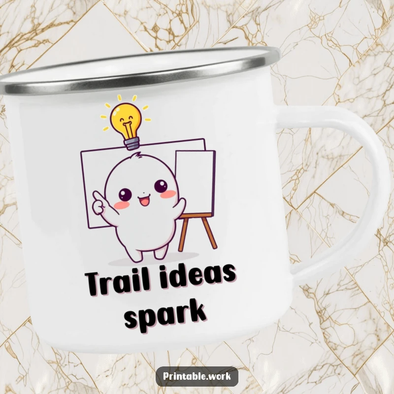 Funny Camping Mug: Durable mug featuring a kawaii character with a lit idea bulb and pointing at a whiteboard, perfect for outdoor thinkers.