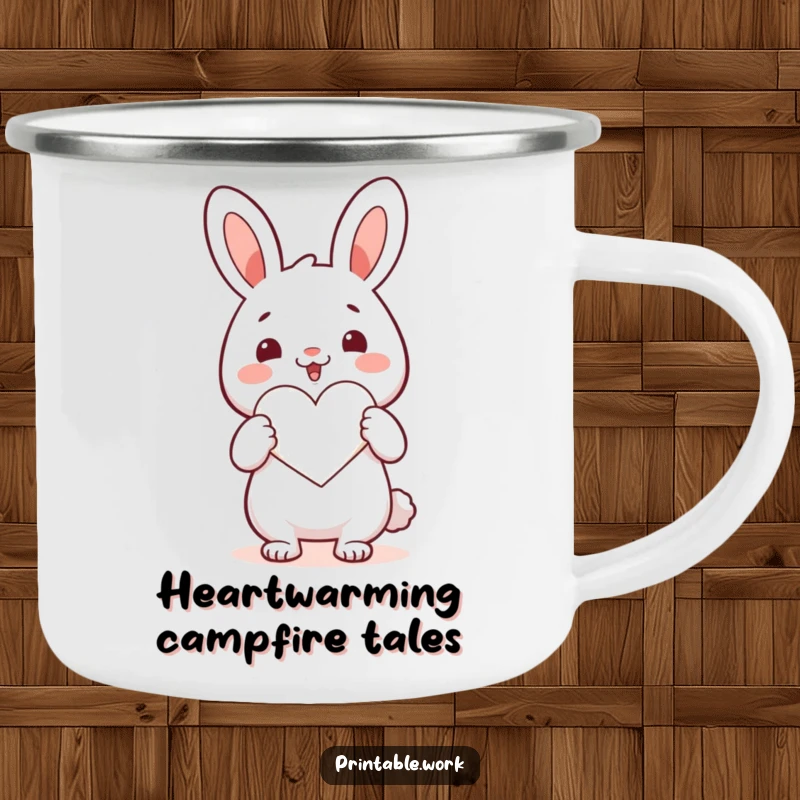 Funny Kawaii rabbit character cutting a heart on a rugged camping mug, ideal for outdoor enjoyment and spreading love.