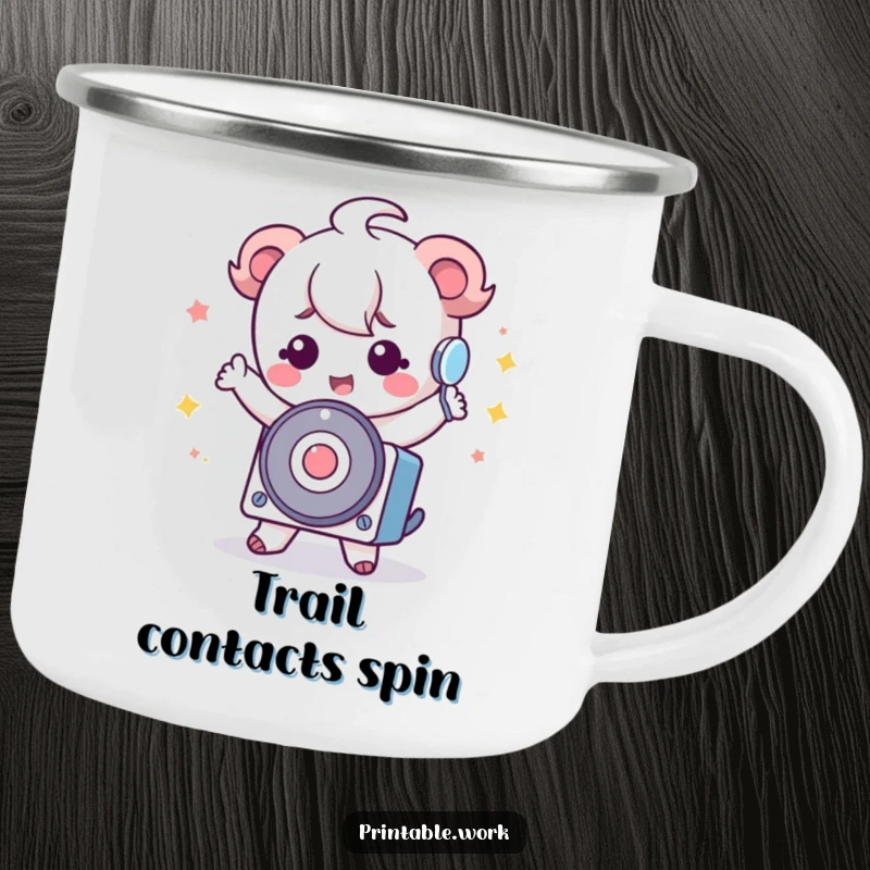 Funny Kawaii Rolodex Camping Mug showing a cute Kawaii character doing a silly dance with a rolodex, durable and humorous for outdoor fun.