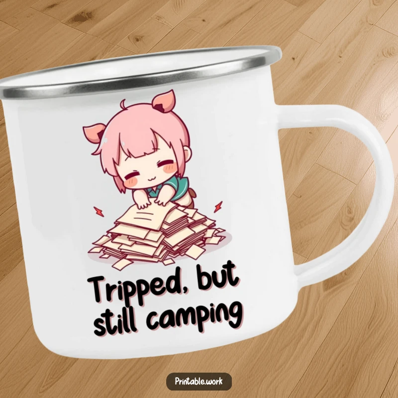 Funny Kawaii character comically tripping over a tiny pile of papers, on an enamel camping mug, for humorous outdoor mishaps.