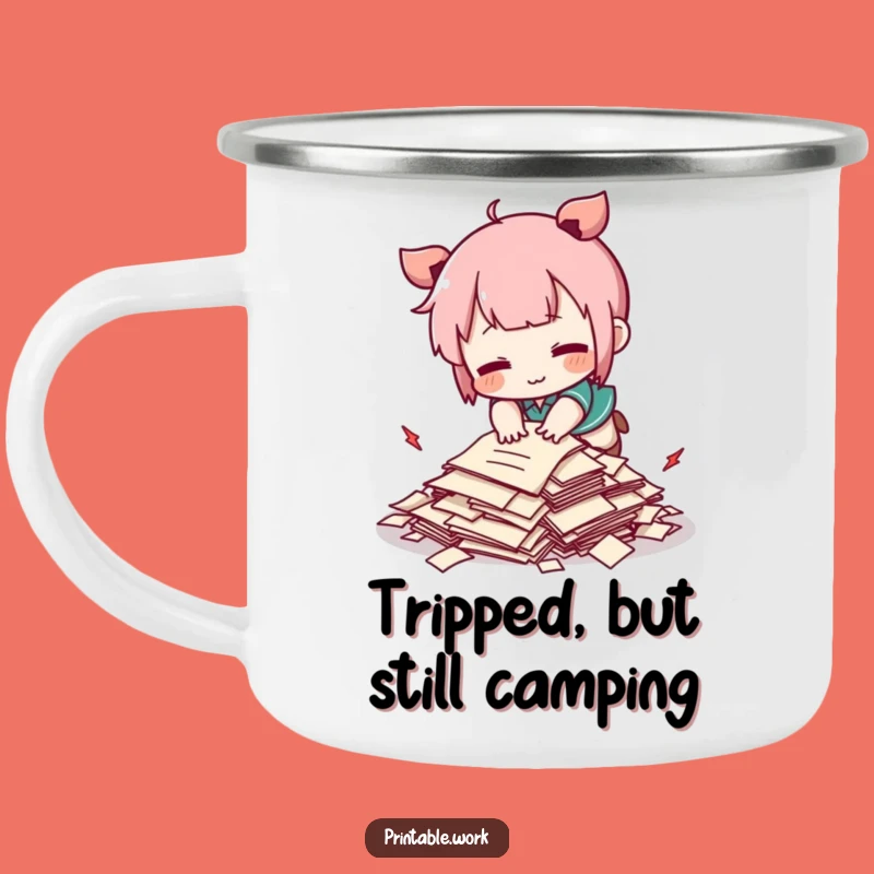 Funny Kawaii Tripping Papers Enamel Camping Mug - Rugged Humorous Outdoor Gift