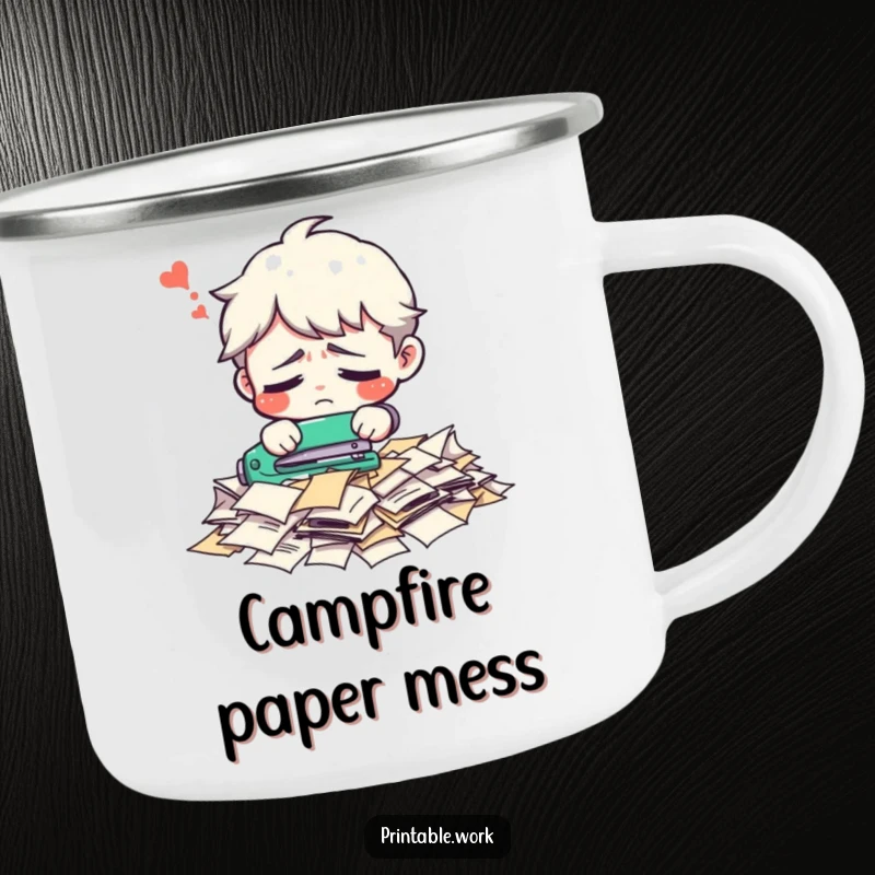Funny office character camping mug, confused trying to staple a pile of loose papers, office humor, durable, humorous, outdoor gift.