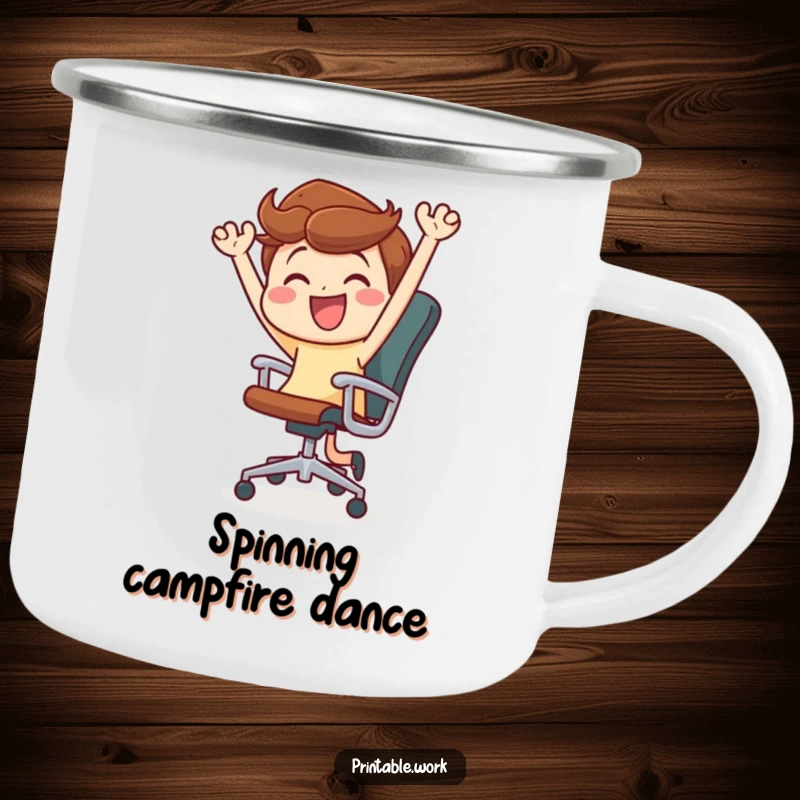 Funny camping mug with a character joyfully dancing and spinning in an office chair, a humorous illustration for outdoor fun.