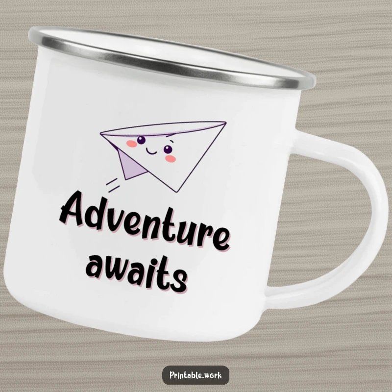 Funny Paper Airplane Camping Mug of a cute smiling paper airplane character flying, perfect for adventurous outdoor drinks.