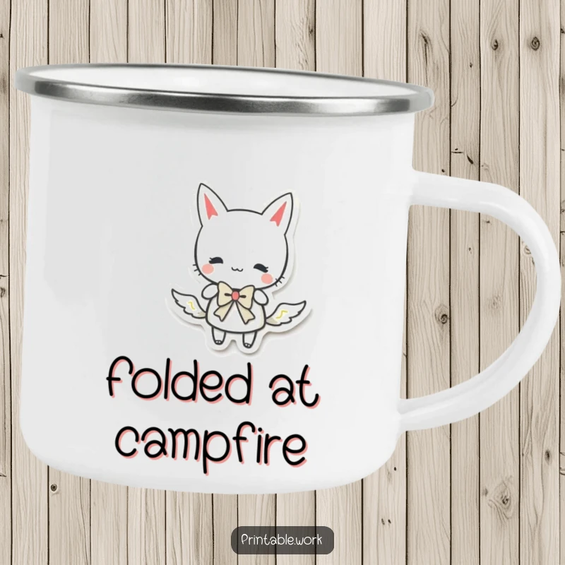 Funny paper character doing a curtsy with a bow, embodying grace on this durable camping mug.