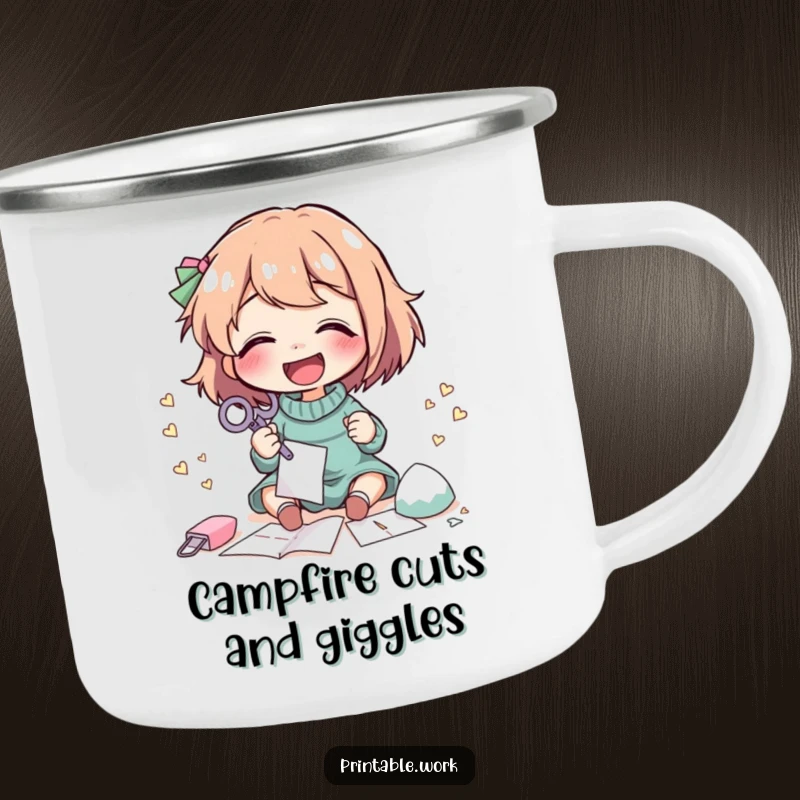 Funny Camping Mug: A character giggles while cutting intricate paper shapes with scissors, perfect for creative outdoor moments.