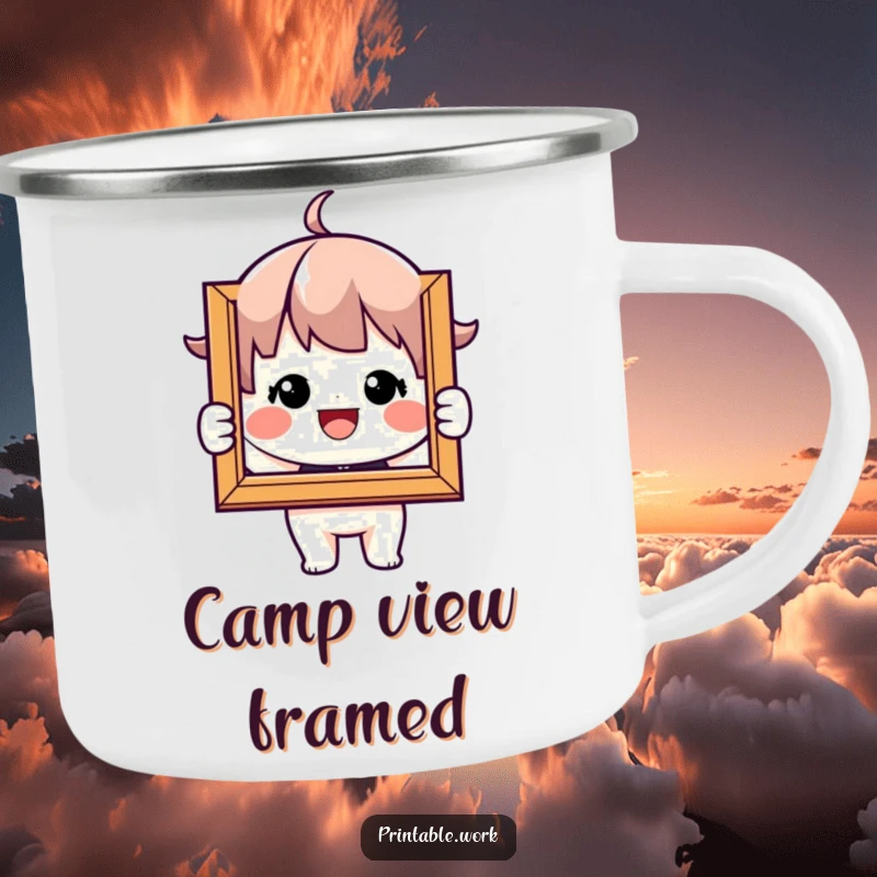 Funny Camping Mug: Character holds a framed picture, a cheerful companion for remembering happy times outdoors.
