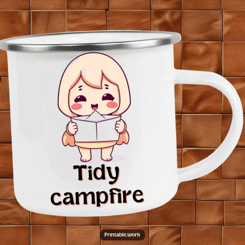 Funny camping mug: Printer character offering a perfectly folded piece of paper, durable and humorous for outdoor order.