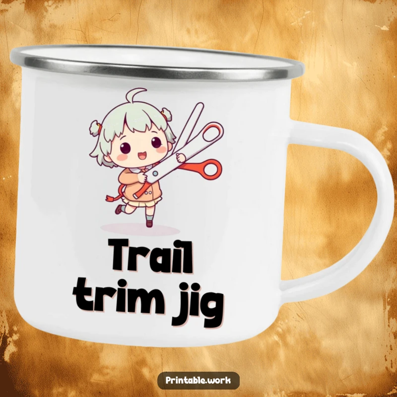 Funny Camping Mug: Character jigs with giant scissors, a humorous and spirited addition to outdoor adventures.