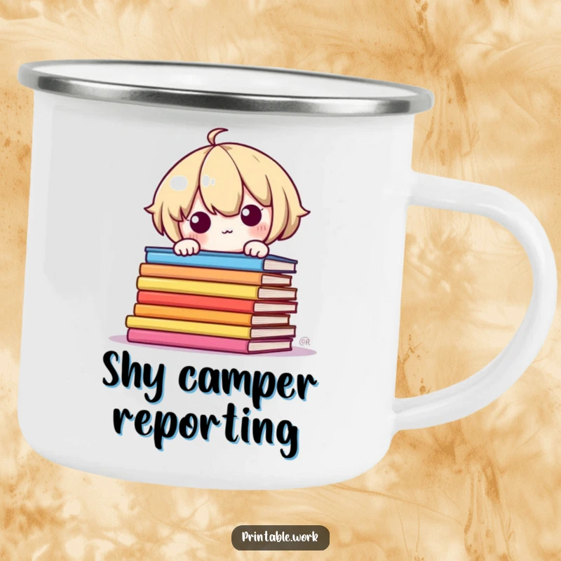 Funny Camping Mug: Shy Kawaii character peeking around colorful book pages, a durable and humorous outdoor cup.