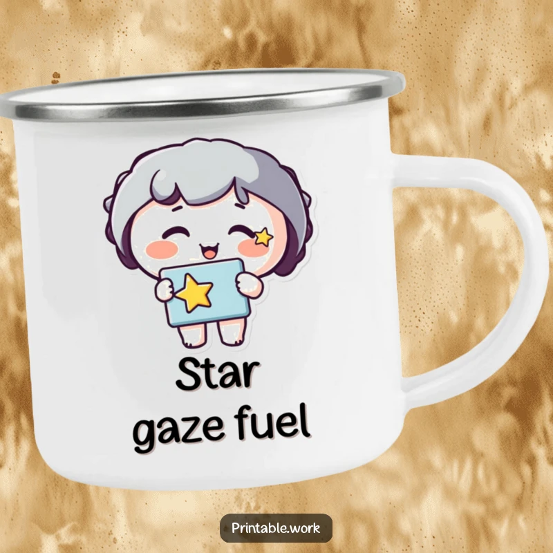 Funny camping mug with a happy character, star on cheek, holding a stencil. Perfect for creative outdoor excursions.