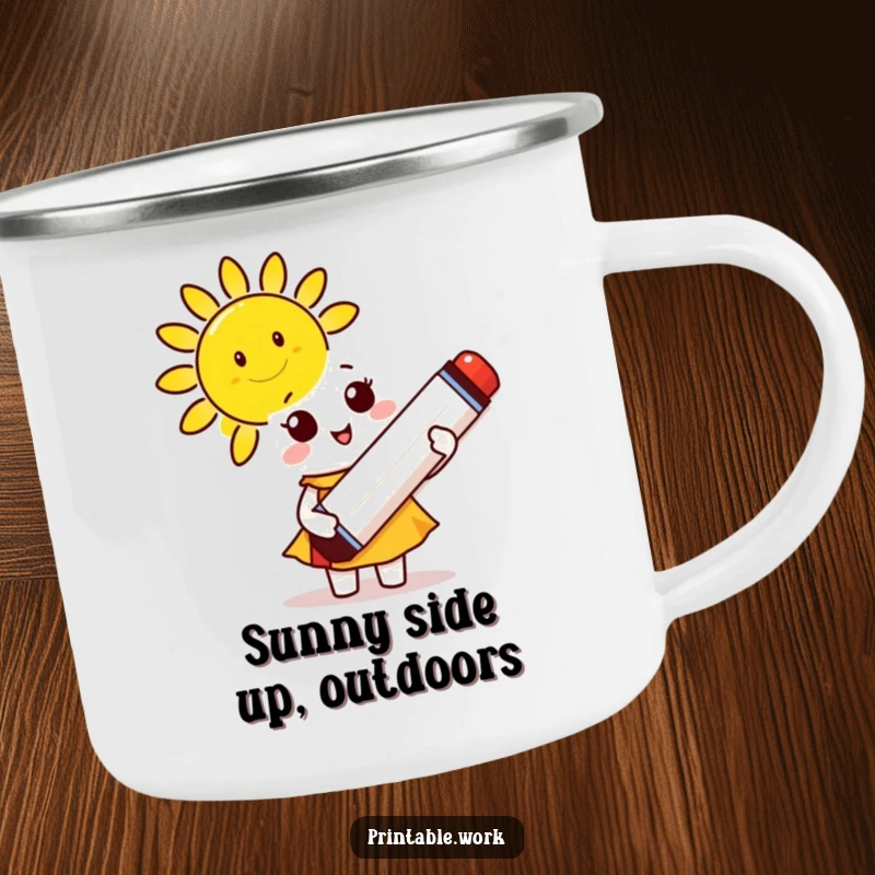 Funny Camping Mug: A cute character holds a giant marker, drawing a smiling sun for cheerful outdoor moments.