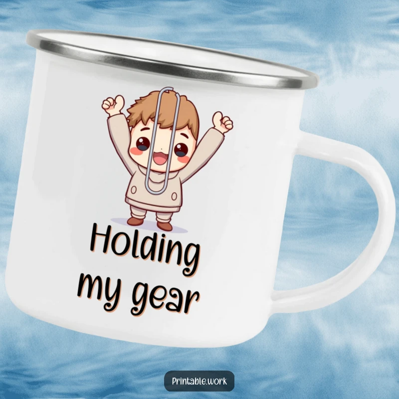 Funny camping mug featuring a character triumphantly holding an oversized paperclip, symbolizing outdoor success.