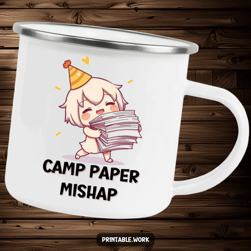 Funny Tripping Character Camping Mug: A character tripping with papers, designed on a rugged mug for funny outdoor moments.